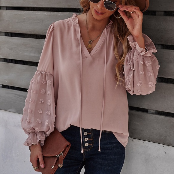 Bellanblue Tops - Bohemian Pink Oversized Swiss Dot Neck tie Puff Sleeve Blouse